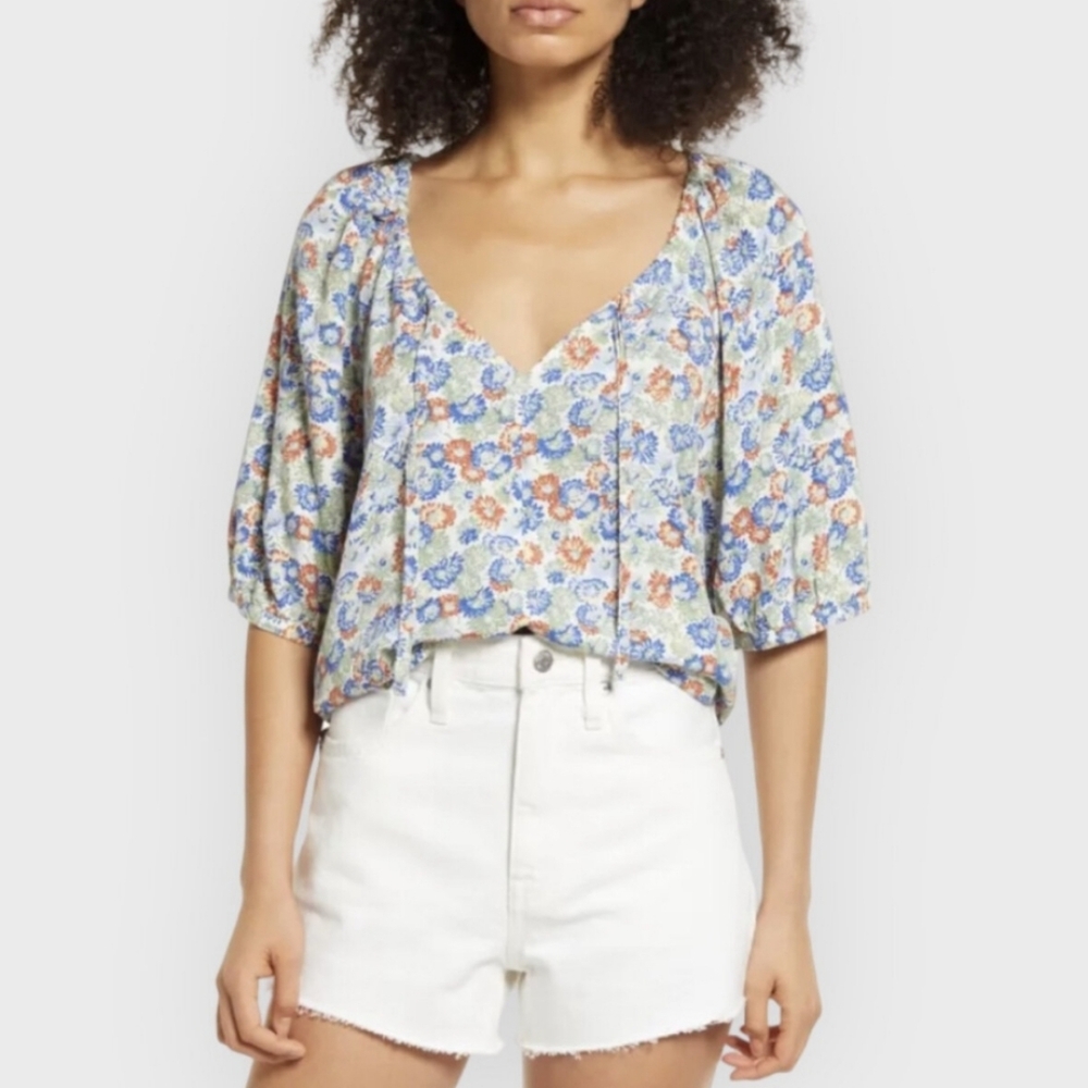 New!Treasure & Bond Womens Peasant Blouse White Floral Short Puff Sleeve Small